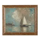 Maritime Scene with Sailboat and Lighthouse by Carlton Theodore Chapman, Oil on canvas (lined), sold Aug 2025