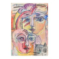 Faces and Cat by Patrick Boudon, Watercolor and acrylic on paper board, sold Aug 2025