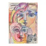 Faces and Cat by Patrick Boudon, Watercolor and acrylic on paper board, sold Aug 2025