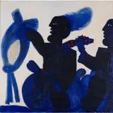 Le Cycliste bleu by Alecos Fassianos, 1968, Huile sur toile, sold Dec 2022