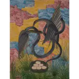 Deux serpentaires défendant leur nid by Pilipili Mulongoy, vers 1960, Huile sur panneau, sold Nov 2022