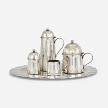Coffee and tea service by Massimo Vignelli, c. 1980, silver plate, sold Jan 2023