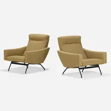 Lounge chairs, pair by Joseph-André Motte, c. 1955, enameled steel, upholstery, sold Jan 2023