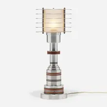 Table lamp by Pattyn Products, c. 1985, spun aluminum, brass, frosted glass, sold Jan 2023