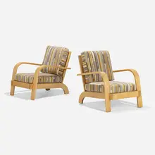 Lounge chairs, pair by Russel Wright, c. 1936, maple, upholstery, sold Jan 2023