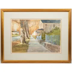 Fall Neighborhood Scene by Marc Moon, Watercolor and gouache,Signed lower left., offered Sep 2026