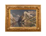 Untitled - Fjord and Figural Landscape by Johann Holmstedt, oil on canvas, sold Jan 2026