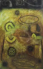 abstract expressionist painting by Charles Burwell, mixed media with oil stick and crayon on paper, sold Dec 2023