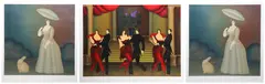 (3) serigraphs of figures depicting a woman with an umbrella and people dancing by Igor Galanin, silkscreen on paper, sold Dec 2023