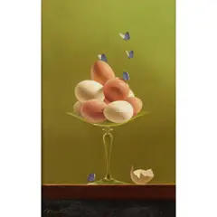 Eggs and Butterflies by Gerald Stinski, oil on panel, sold Mar 2022