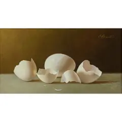 Broken Eggs by Gerald Stinski, oil on panel, sold Mar 2022