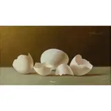 Broken Eggs by Gerald Stinski, oil on panel, sold Mar 2022