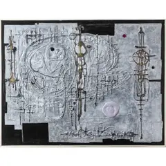 Abstract Composition by Yiannis Maltezos, circa 1960, mixed media on canvas, sold Mar 2022