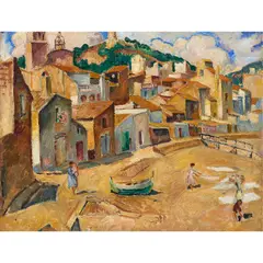 Fishing Town with Women on Beach" and "Seascape with Trees" (verso) by Mela Muter, oil on canvas (double-sided), sold Mar 2022