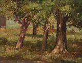 In the Orchard, 1932 by Frances-Anne Arbuckle, 1932, oil on board, sold Mar 2026