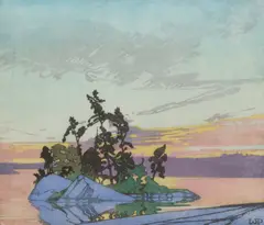 Sunset, Lake of the Woods by Walter J. Phillips, woodcut, sold Apr 2026