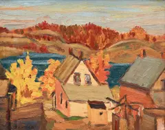 Houses on a Lake by Frederick Grant Banting, double-sided oil on board, sold Apr 2026