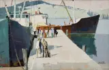 Dock Shapes, Lunenburg, N.S. by Hilton Macdonald Hassell, acrylic on canvas board, sold Apr 2026