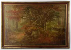 Fall scene by John Elwood Bundy, oil on canvas, sold May 2024