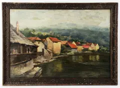 landscape with river by Laura Wheeler Waring, oil on board, sold May 2024