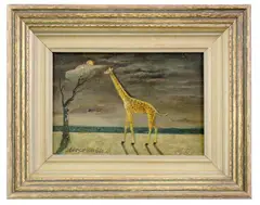 giraffe in a landscape by Gertrude Abercrombie, oil on board, sold May 2024