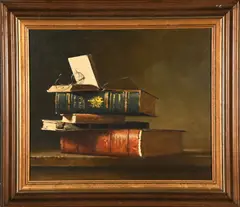 Still Life with Books by Duggie Du Toit, oil on canvas mounted on board, sold Mar 2023