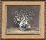 Still Life with White Blossoms by Hennie Uys, oil on canvas board, sold Mar 2023
