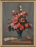 Still Life with Roses by Willem Hermanus Coetzer, oil on canvas mounted on board, sold Mar 2023