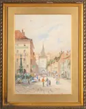 A view of Spalentor and Holbein's fountain by M J Hinson, Watercolour on paper -, offered May 2026