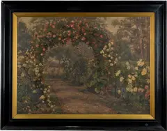 A garden study of a rose arch by Arthur Kemp Tebby, Oil on board -, sold Apr 2026