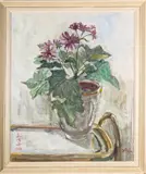 Still life study of a plant pot and flowers - Oil by Aya Broughton, 1968, Oil on board -, offered Apr 2026