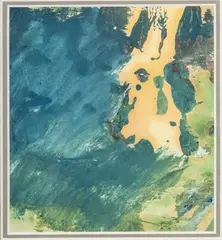 Abstract in blue by Luis Chan, Monotype print - Unsigned - Label verso -, sold Apr 2026