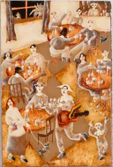 Harlequins entertaining at a bistro - Oil by Harold Bilson, Oil on board, sold Feb 2026