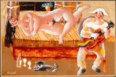 Reclining Nude and Harlequin - Oil by Harold Bilson, Oil on board -, sold Feb 2026