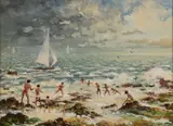 Castle Beach Falmouth by Wilfred Kingsford, 1989, Oil on board -, sold Feb 2026