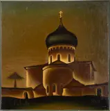 Russian Cathedral by Gennady Pavlov, 1976, Oil on board -50 x, sold Feb 2026