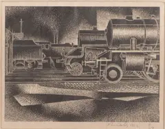 Steam engines - Limited edition woodcut by James Dolby, 1966, woodcut, sold Feb 2026