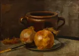 Still life study of onions on a plate - Oil on by G Brockelbank, Oil on canvas -, sold Jan 2026
