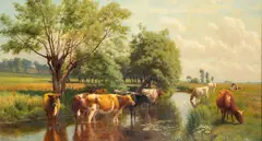Cows in a river on a summers day by William Sidney Cooper, 1902, Oil on canvas -, sold Jan 2026