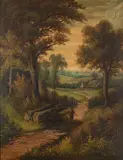Figure walking along a wooded path - Oil by E. Mazzoni, Oil on canvas -, sold Jan 2026
