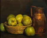 Still life study of apples in a basket and a copper jug by B Svoboda, 1953, Oil on board -, sold Jan 2026