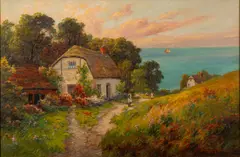 Thatched cottage overlooking the sea - Oil by Sidney Watts, Oil on canvas, offered Jan 2026