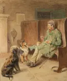 A shared meal by the fireside by Stephen T Dadd, 1900, Watercolour on paper -36 x, offered Jan 2026