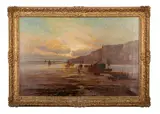Beached fishing boats drying nets with others at sea beyond - Oil by Frank Hider, Oil on canvas -49 x, sold Dec 2025