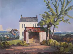 House and shed, woodrow road, melksham by Walter James Steggles, 1986, Oil on canvas-board, sold Mar 2024