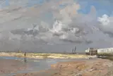 Beach scene with thunderclouds in ostend by Laurits Tuxen, Oil on canvas, sold Mar 2024