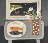 Still life of three fish on a plate and a jug of flowers by Alan Furneaux, Oil on canvas, sold Mar 2024