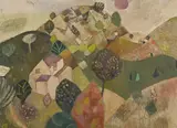 Landscape wtih tree and house by Gwyneth Johnstone, 1960, Oil on board, sold Mar 2024