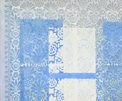 Patterned curtains by Lionel Bulmer, Oil on linen laid on board, sold Mar 2024