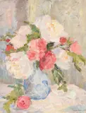 Still life of peonies and roses in a blue vase by Peggy Somerville, Oil on canvas, sold Mar 2024
